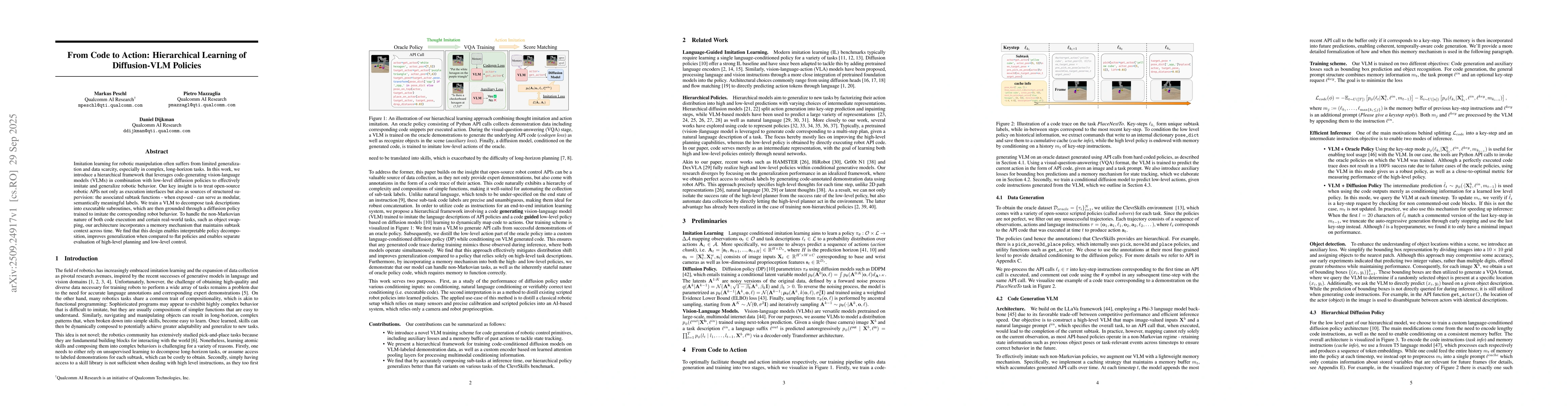 Thumbnail for From Code to Action: Hierarchical Learning of Diffusion-VLM Policies