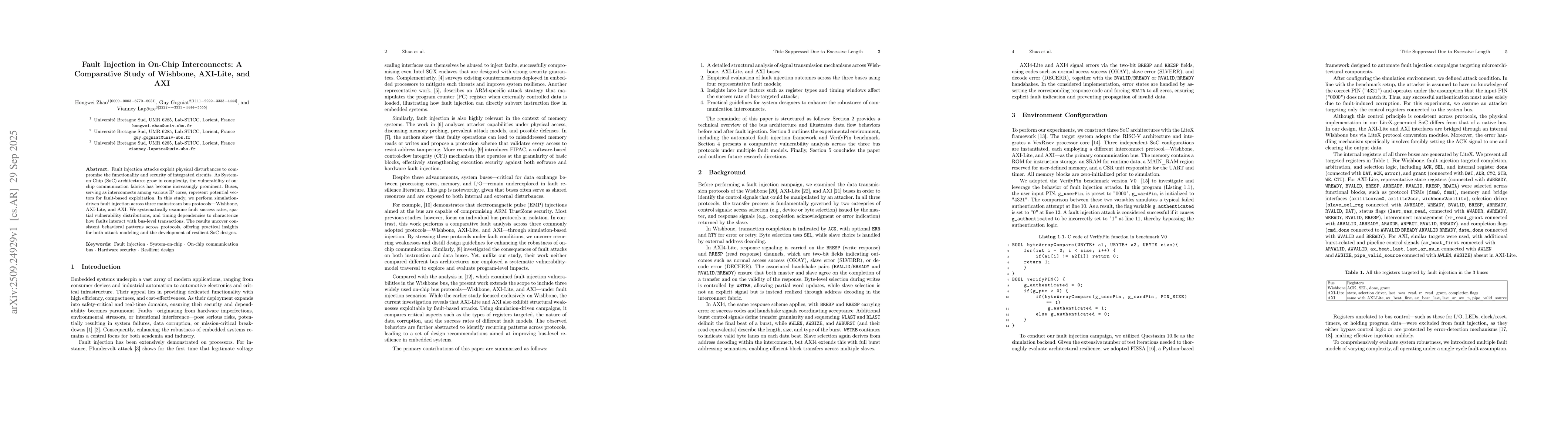 Thumbnail for Fault Injection in On-Chip Interconnects: A Comparative Study of
  Wishbone, AXI-Lite, and AXI