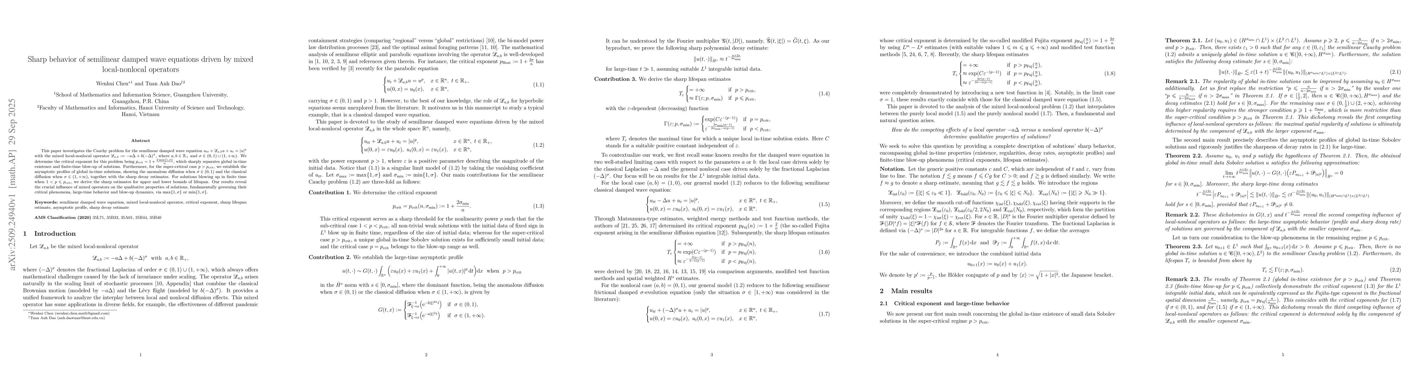 Thumbnail for Sharp behavior of semilinear damped wave equations driven by mixed
  local-nonlocal operators
