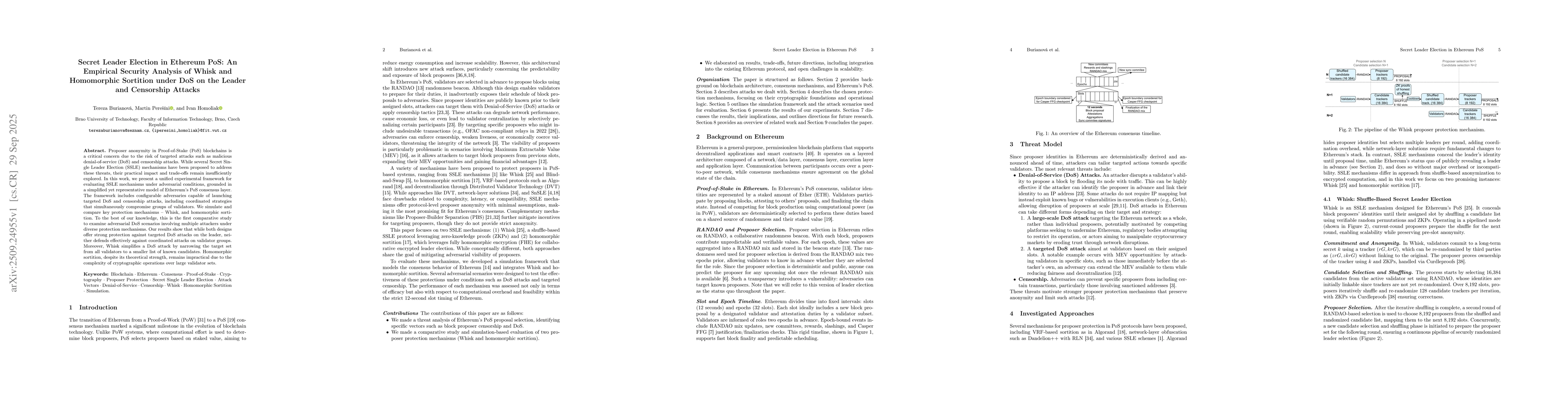 Thumbnail for Secret Leader Election in Ethereum PoS: An Empirical Security Analysis
  of Whisk and Homomorphic Sortition under DoS on the Leader and Censorship
  Attacks