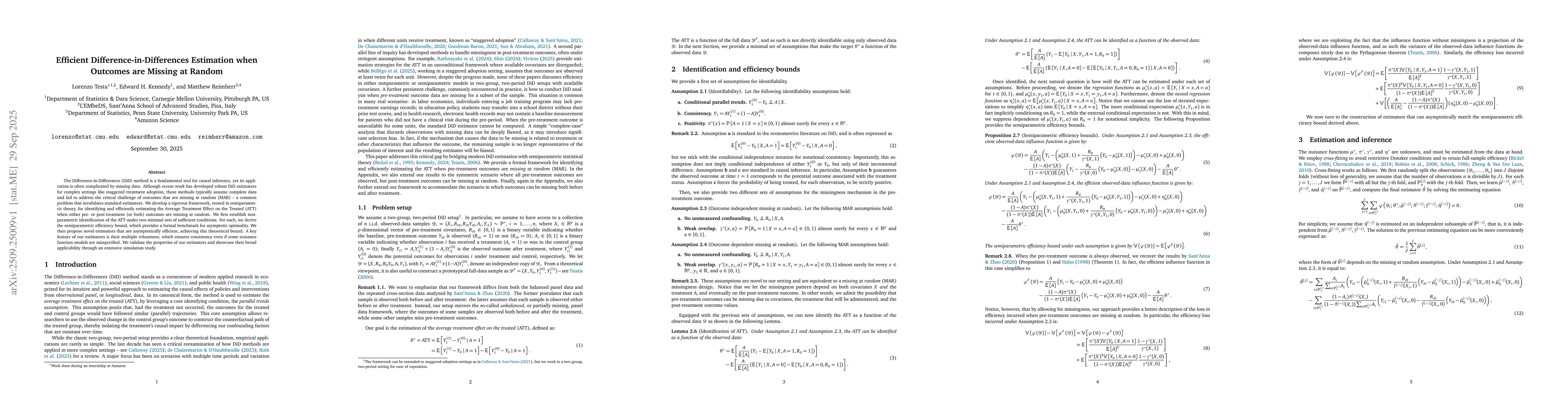 Thumbnail for Efficient Difference-in-Differences Estimation when Outcomes are Missing
  at Random