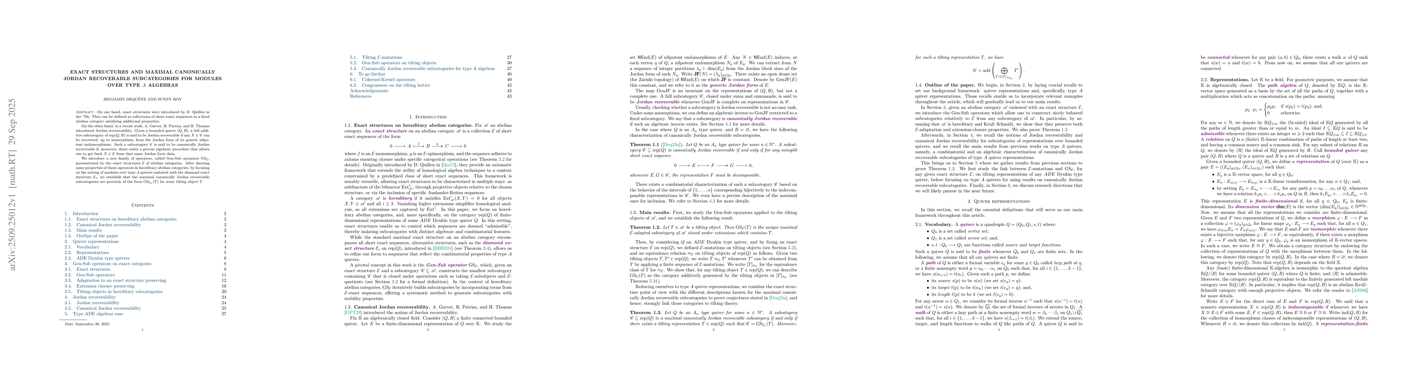 Thumbnail for Exact structures and maximal canonically Jordan recoverable
  subcategories for modules over type $A$ algebras