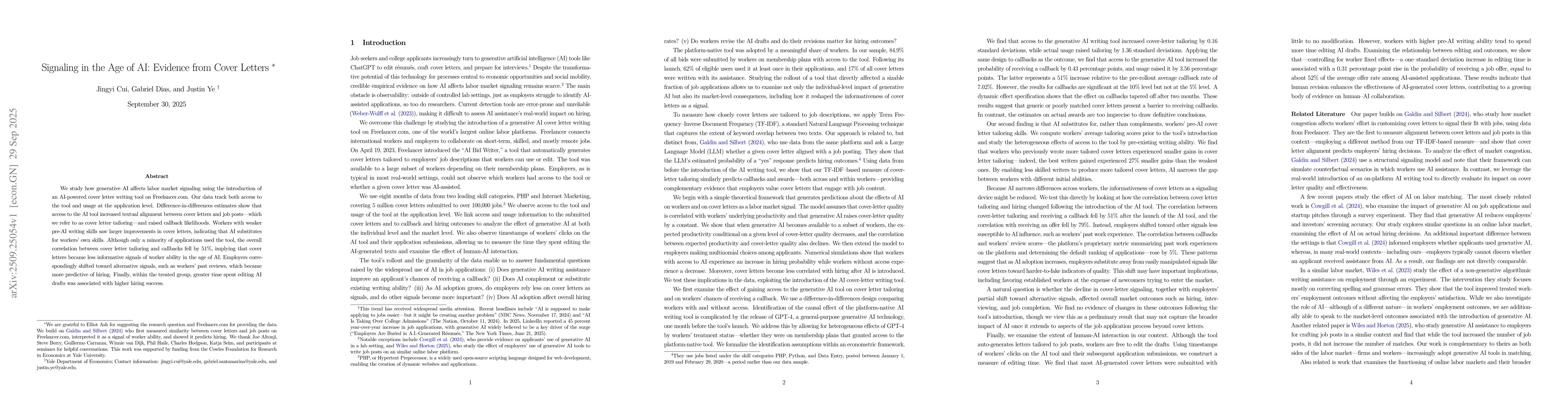 Thumbnail for Signaling in the Age of AI: Evidence from Cover Letters