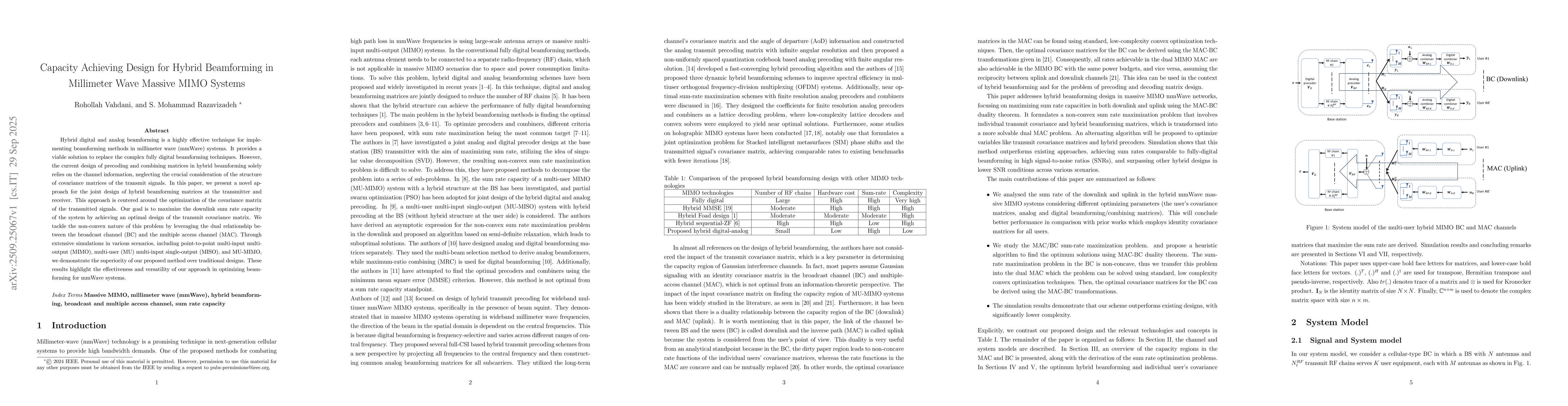 Thumbnail for Capacity Achieving Design for Hybrid Beamforming in Millimeter Wave
  Massive MIMO Systems