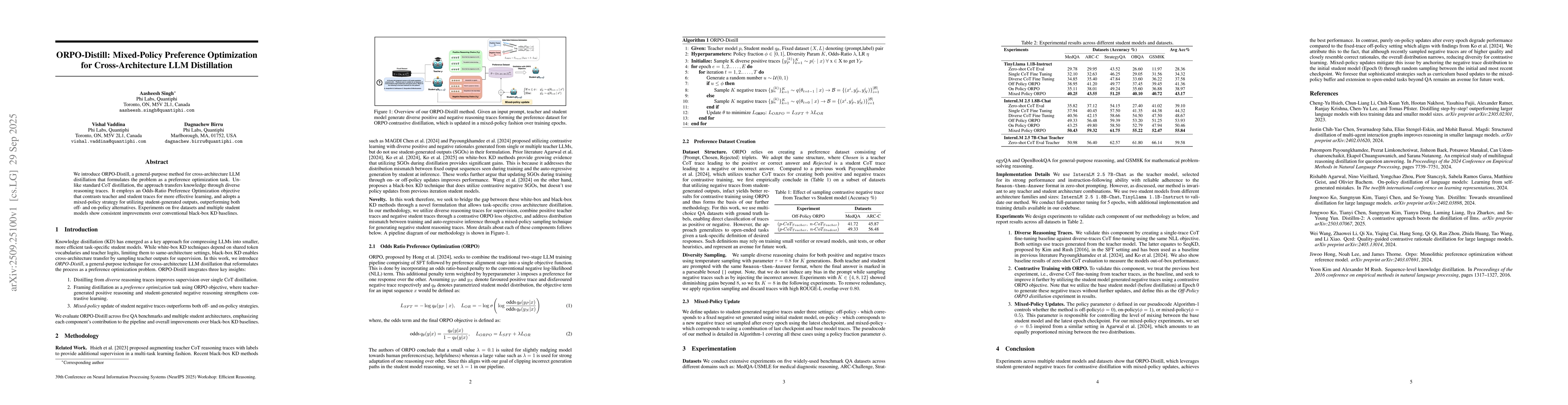 Thumbnail for ORPO-Distill: Mixed-Policy Preference Optimization for
  Cross-Architecture LLM Distillation