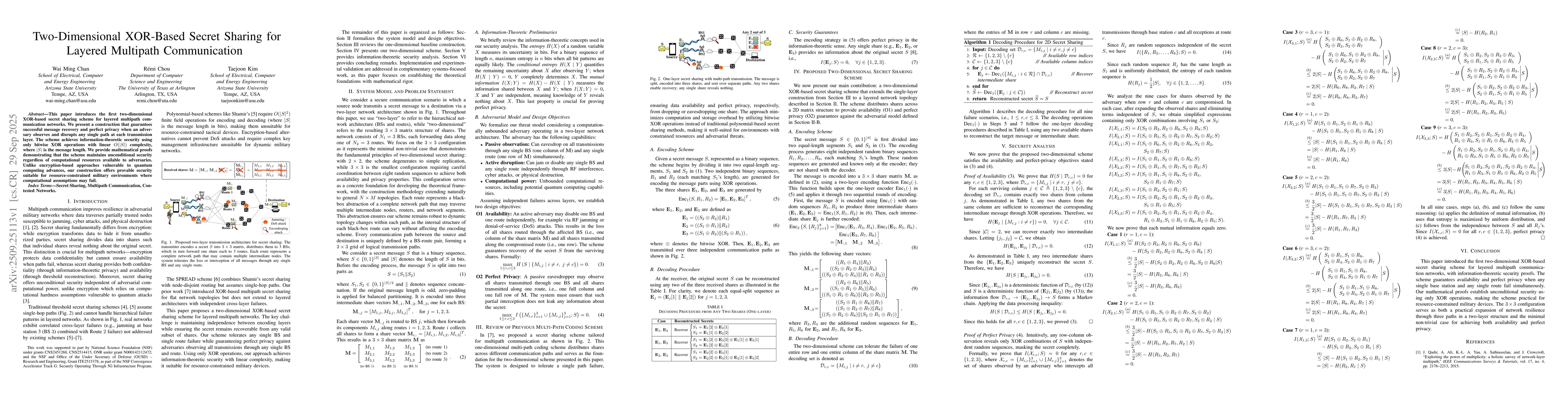 Thumbnail for Two-Dimensional XOR-Based Secret Sharing for Layered Multipath
  Communication