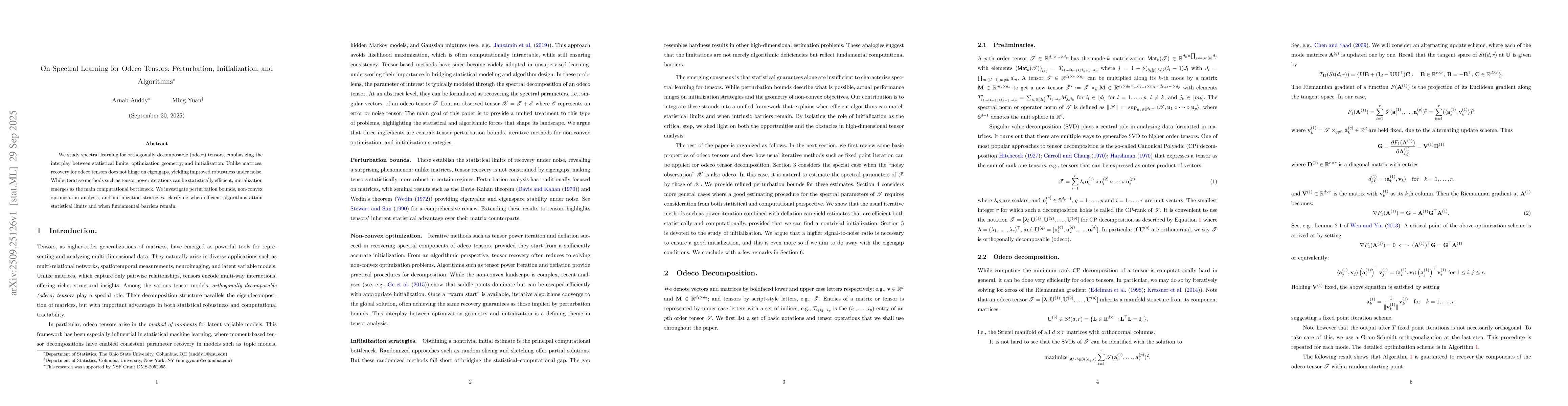Thumbnail for On Spectral Learning for Odeco Tensors: Perturbation, Initialization,
  and Algorithms