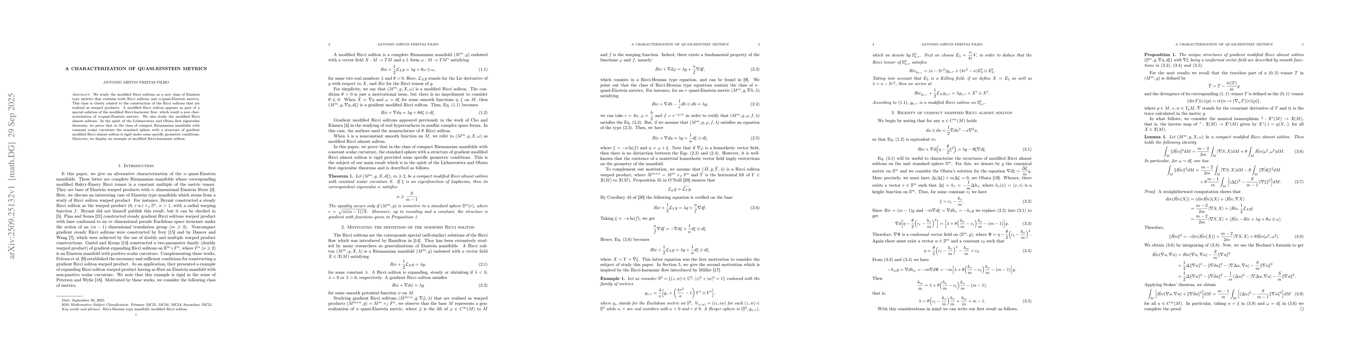 Thumbnail for A Characterization of Quasi-Einstein Metrics