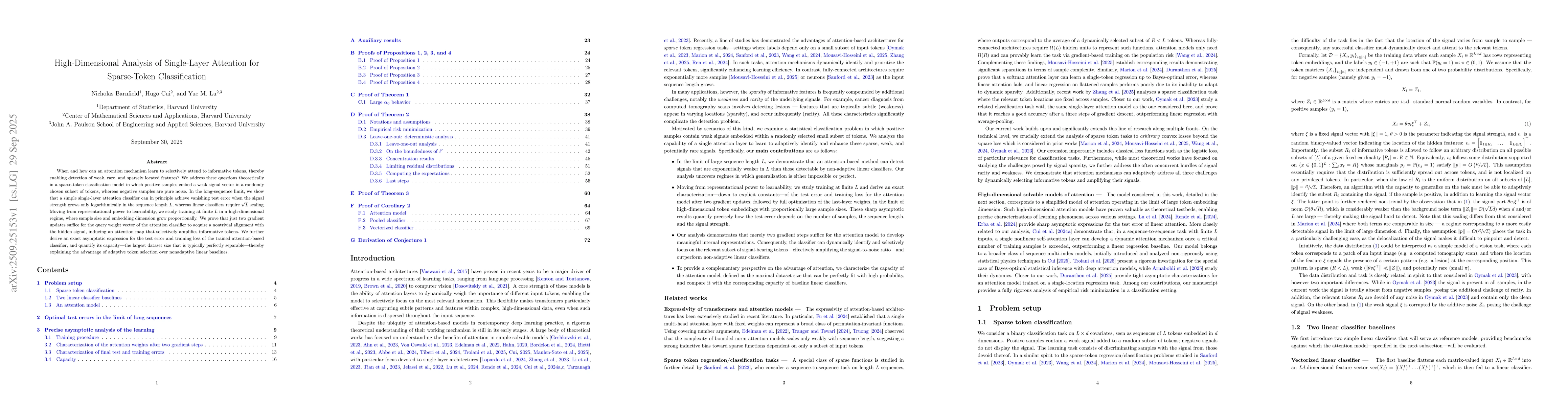 Thumbnail for High-Dimensional Analysis of Single-Layer Attention for Sparse-Token
  Classification