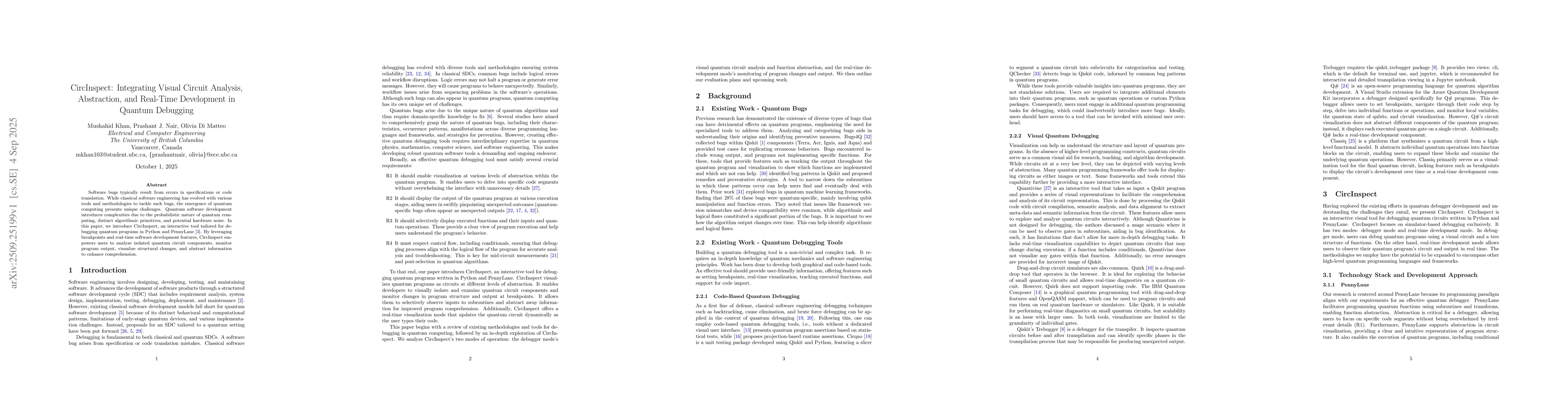Thumbnail for CircInspect: Integrating Visual Circuit Analysis, Abstraction, and
  Real-Time Development in Quantum Debugging