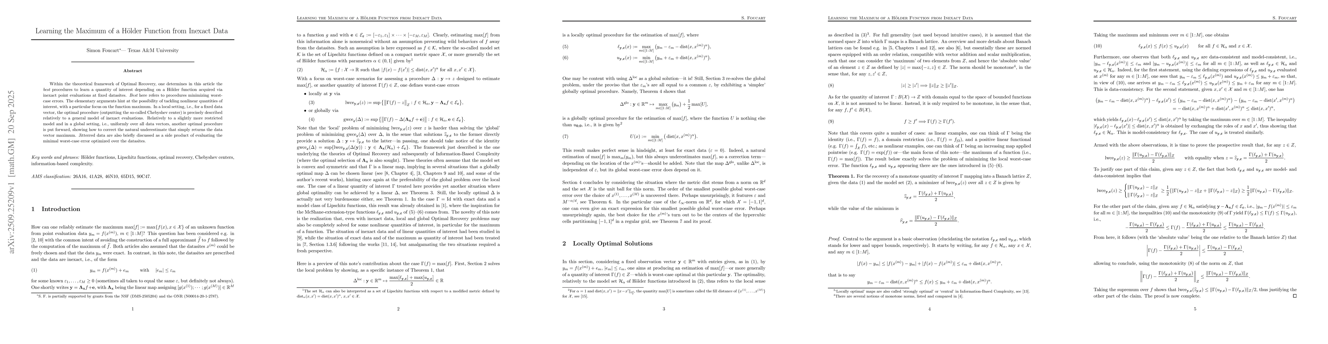 Thumbnail for Learning the Maximum of a Hölder Function from Inexact Data