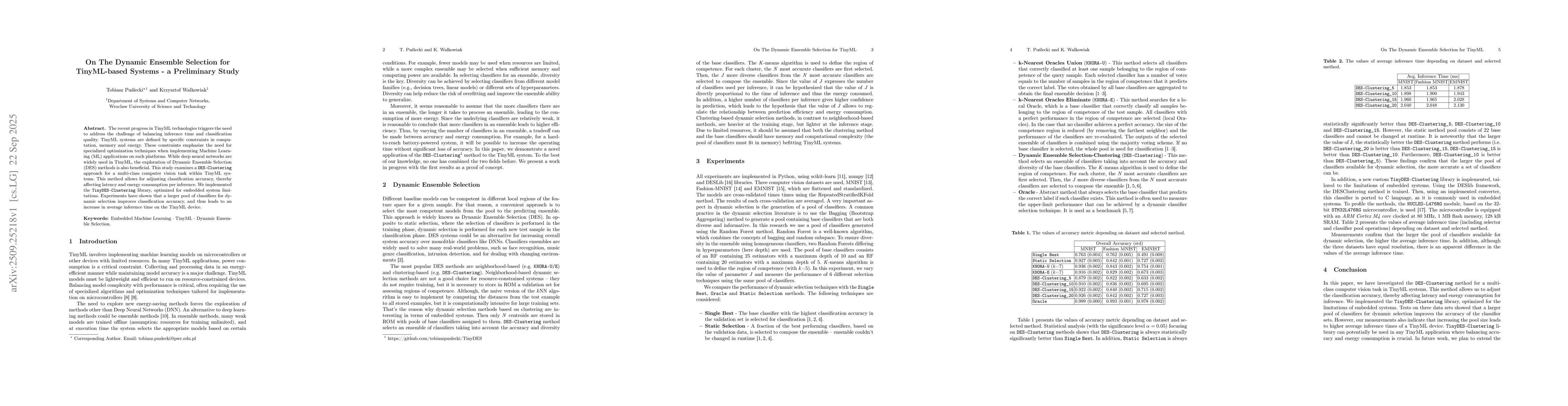 Thumbnail for On The Dynamic Ensemble Selection for TinyML-based Systems -- a
  Preliminary Study