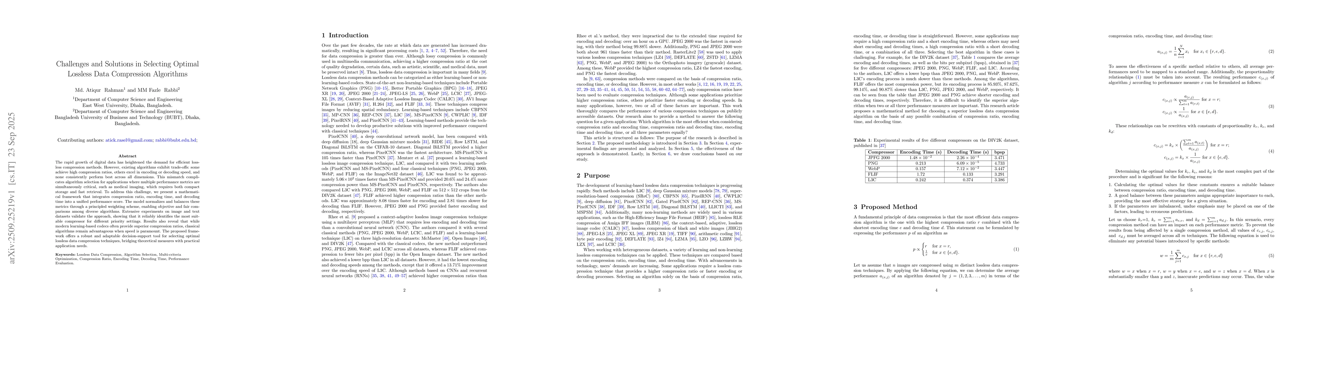 Thumbnail for Challenges and Solutions in Selecting Optimal Lossless Data Compression
  Algorithms