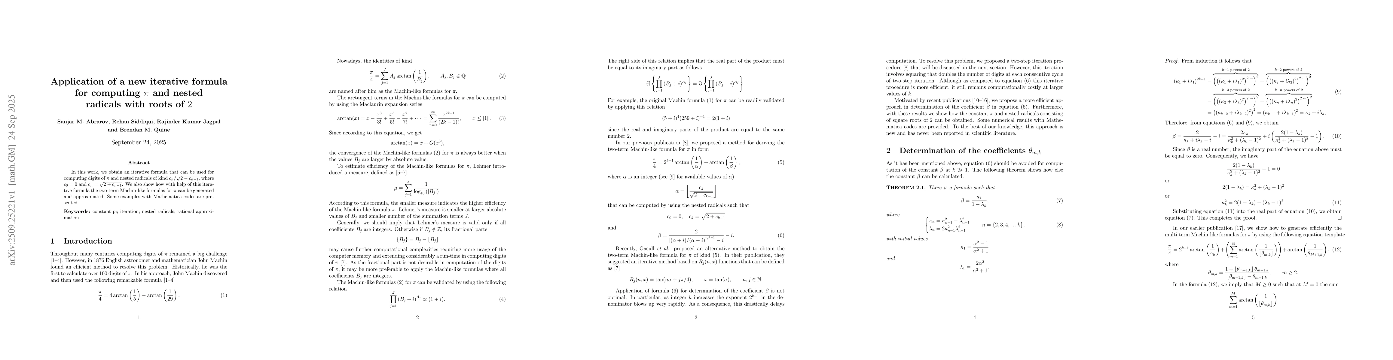 Thumbnail for Application of a new iterative formula for computing $π$ and nested
  radicals with roots of $2$