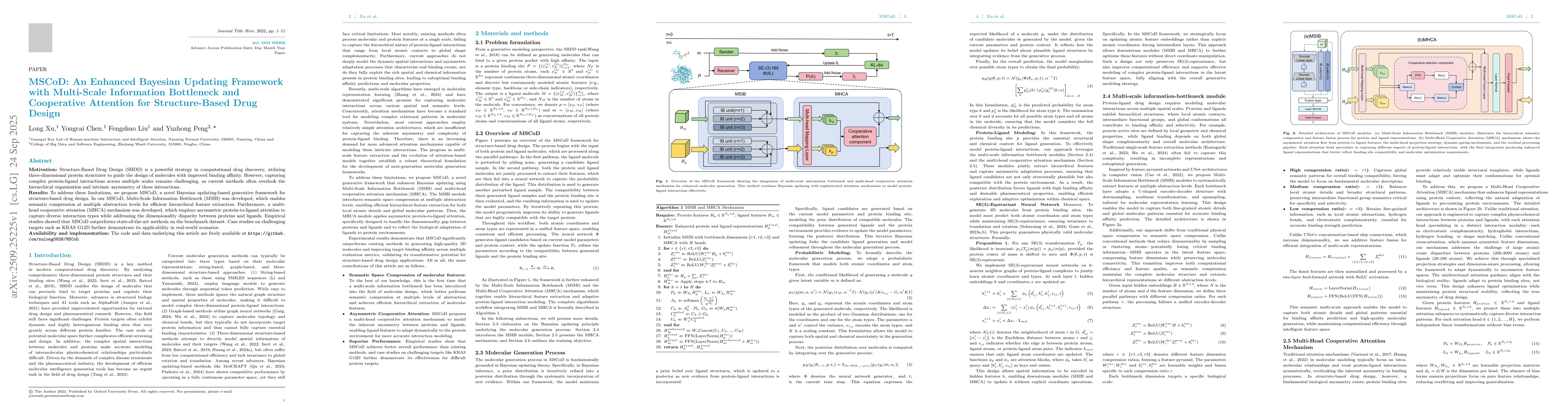 Thumbnail for MSCoD: An Enhanced Bayesian Updating Framework with Multi-Scale
  Information Bottleneck and Cooperative Attention for Structure-Based Drug
  Design