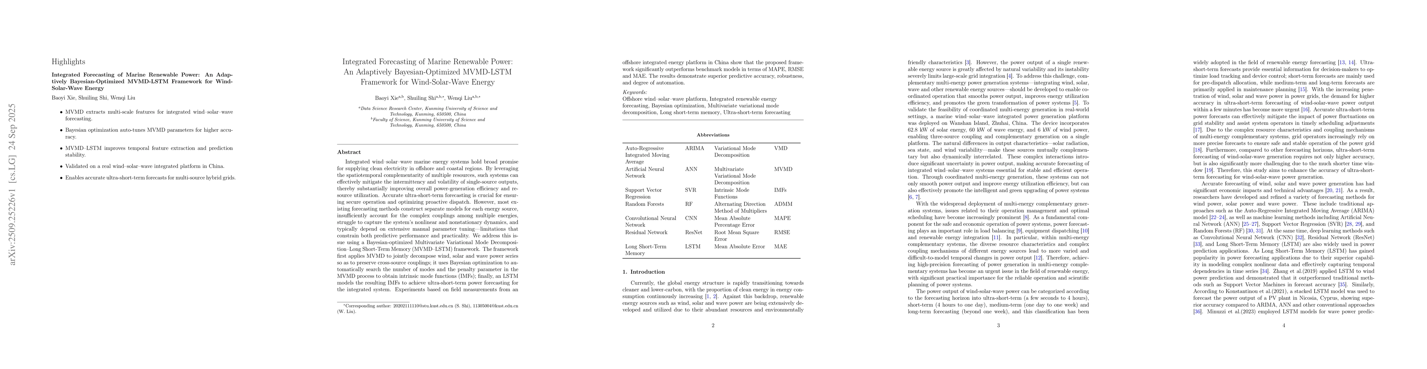 Thumbnail for Integrated Forecasting of Marine Renewable Power: An Adaptively
  Bayesian-Optimized MVMD-LSTM Framework for Wind-Solar-Wave Energy
