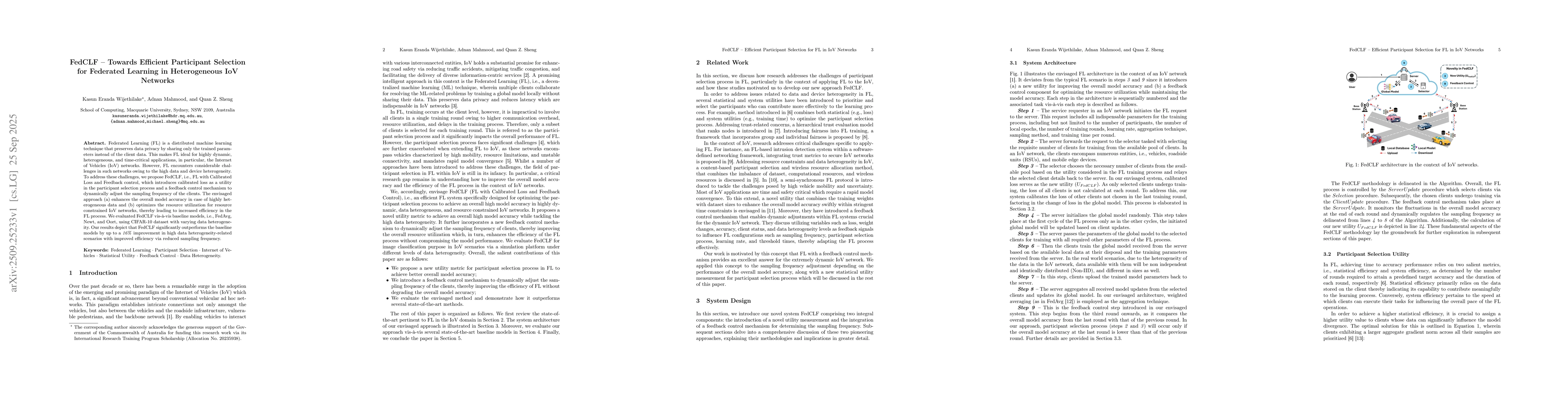 Thumbnail for FedCLF -- Towards Efficient Participant Selection for Federated Learning
  in Heterogeneous IoV Networks