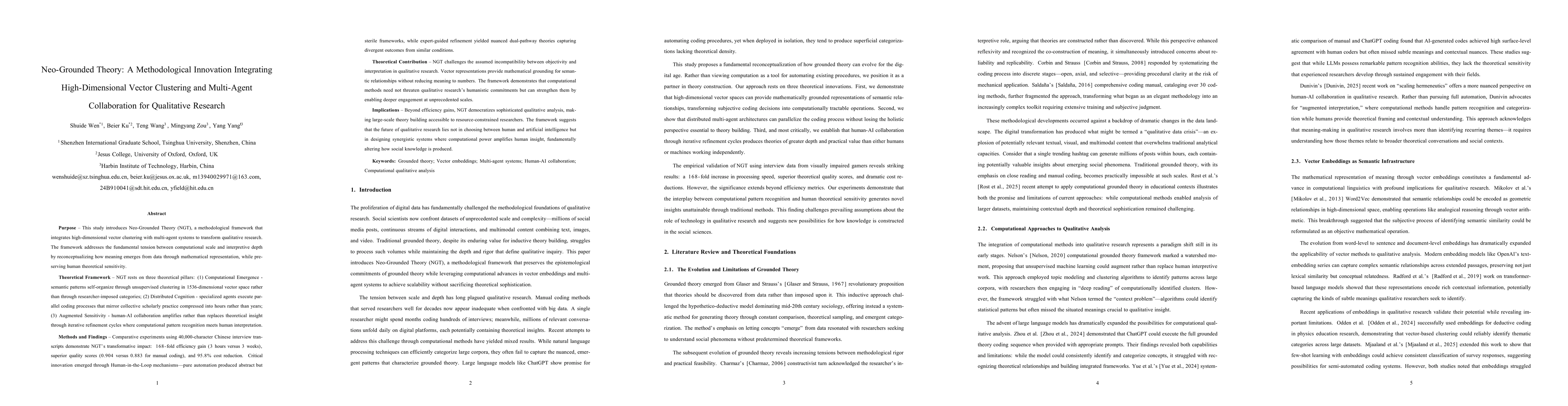 Thumbnail for Neo-Grounded Theory: A Methodological Innovation Integrating
  High-Dimensional Vector Clustering and Multi-Agent Collaboration for
  Qualitative Research