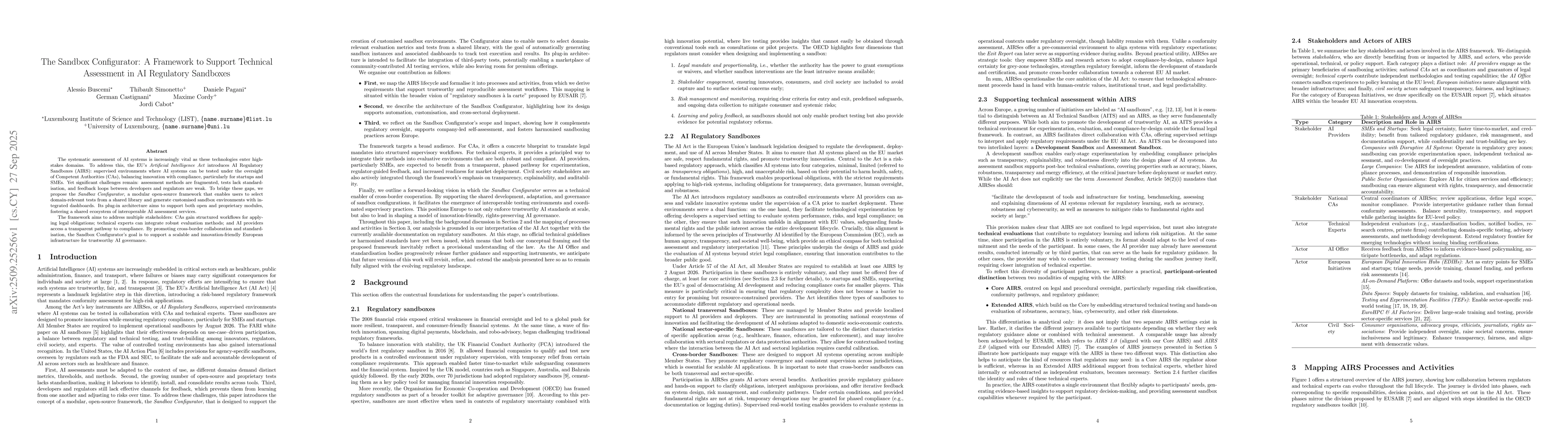 Thumbnail for The Sandbox Configurator: A Framework to Support Technical Assessment in
  AI Regulatory Sandboxes