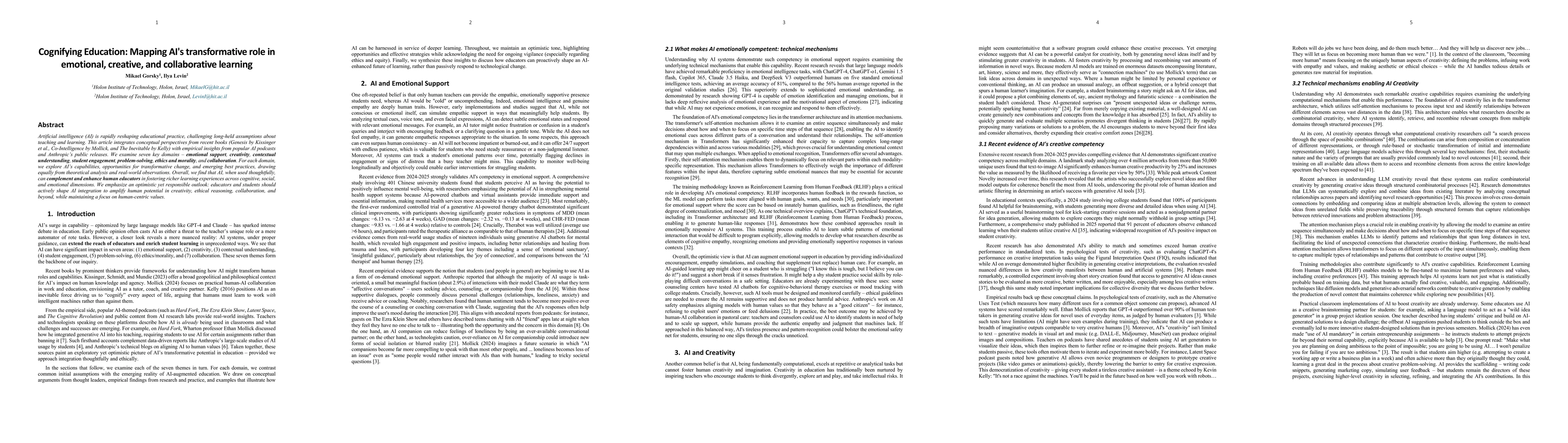 Thumbnail for Cognifying Education: Mapping AI's transformative role in emotional,
  creative, and collaborative learning