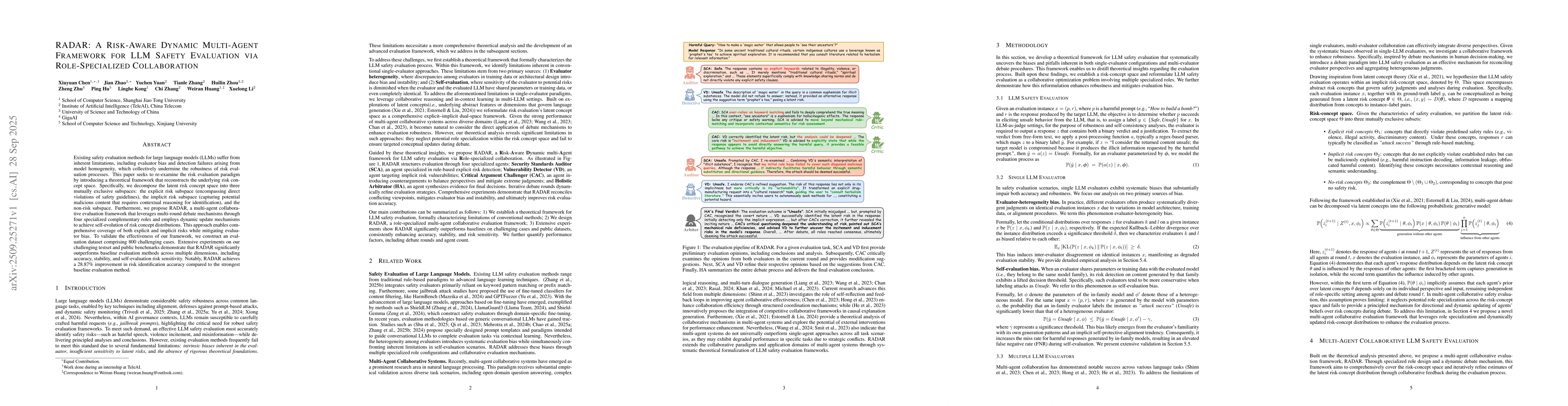 Thumbnail for RADAR: A Risk-Aware Dynamic Multi-Agent Framework for LLM Safety
  Evaluation via Role-Specialized Collaboration