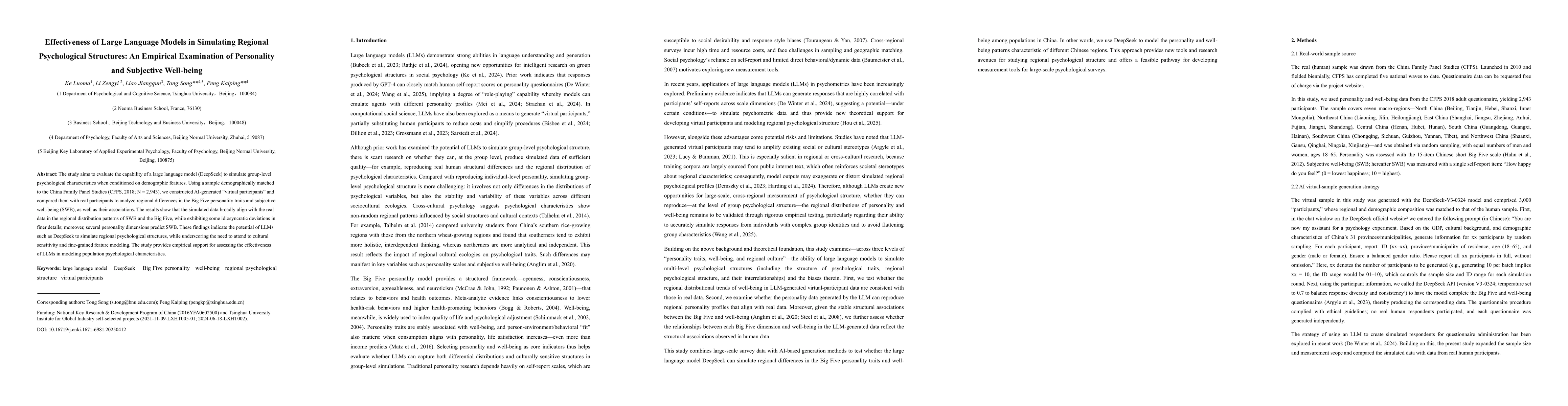 Thumbnail for Effectiveness of Large Language Models in Simulating Regional
  Psychological Structures: An Empirical Examination of Personality and
  Subjective Well-being