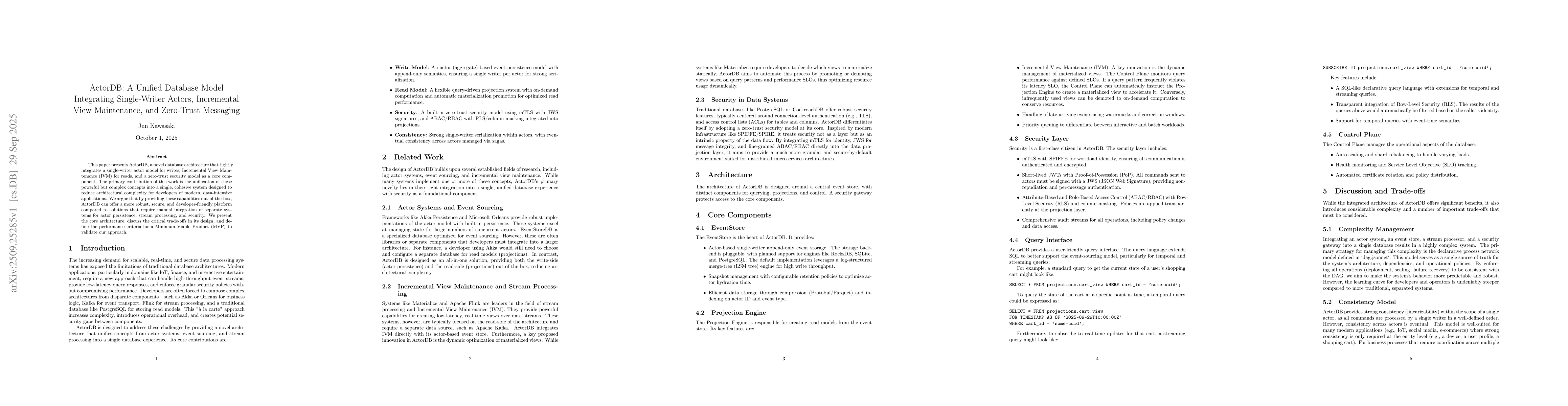 Thumbnail for ActorDB: A Unified Database Model Integrating Single-Writer Actors,
  Incremental View Maintenance, and Zero-Trust Messaging