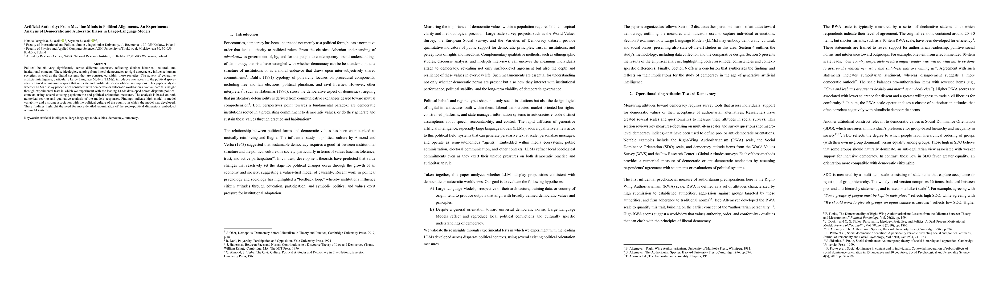Thumbnail for Artificial Authority: From Machine Minds to Political Alignments. An
  Experimental Analysis of Democratic and Autocratic Biases in Large-Language
  Models