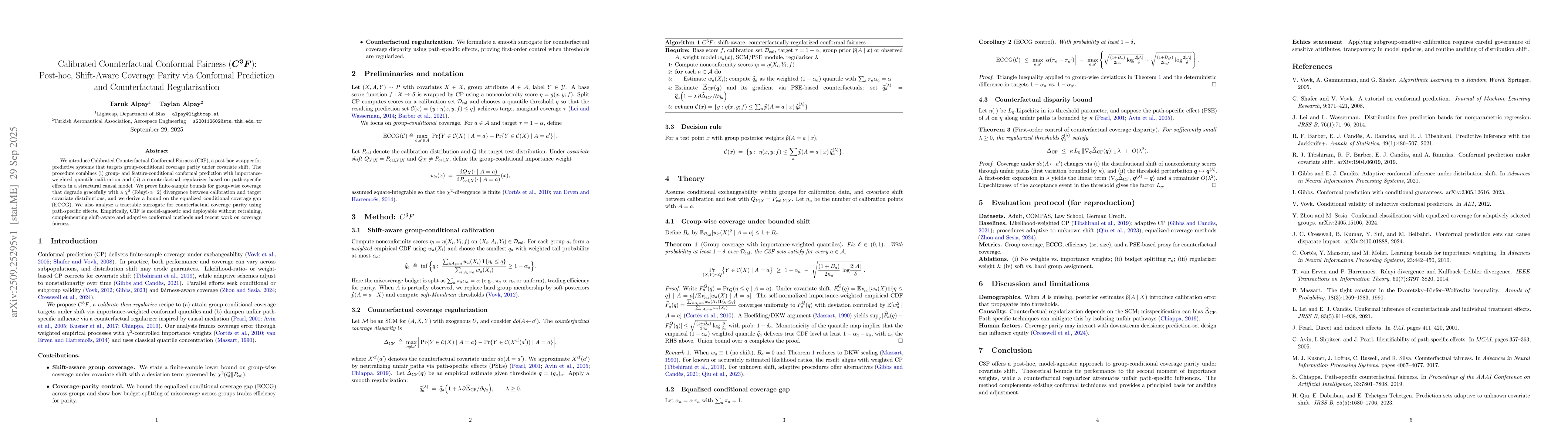 Thumbnail for Calibrated Counterfactual Conformal Fairness ($C^3F$): Post-hoc,
  Shift-Aware Coverage Parity via Conformal Prediction and Counterfactual
  Regularization