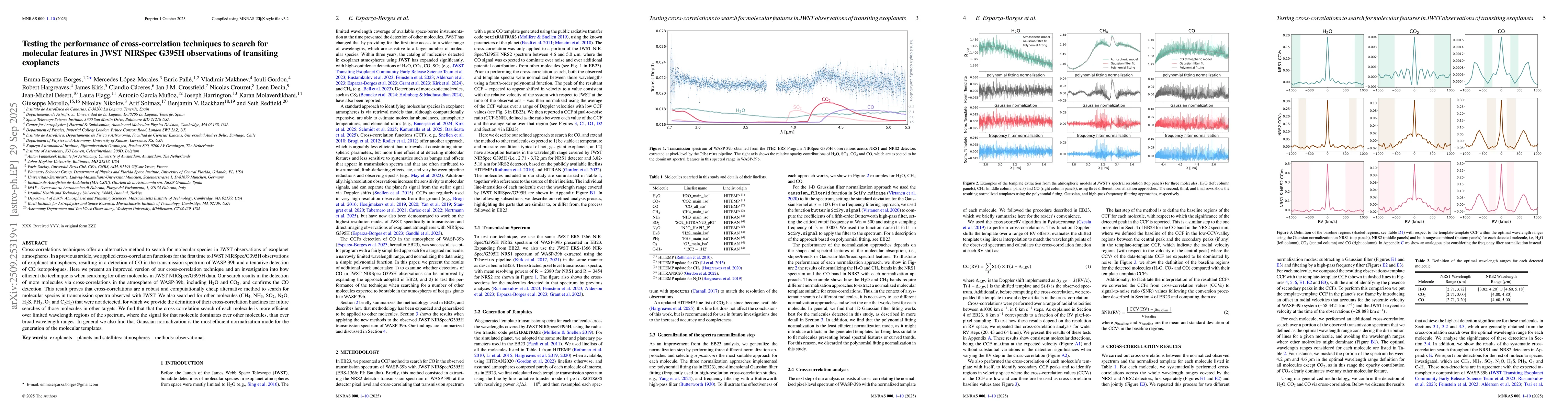 Thumbnail for Testing the performance of cross-correlation techniques to search for
  molecular features in JWST NIRSpec G395H observations of transiting
  exoplanets
