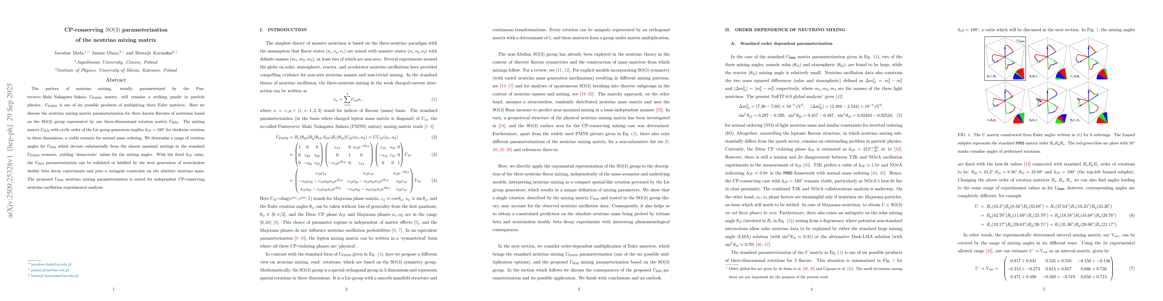 Thumbnail for CP-conserving SO(3) parameterization of the neutrino mixing matrix