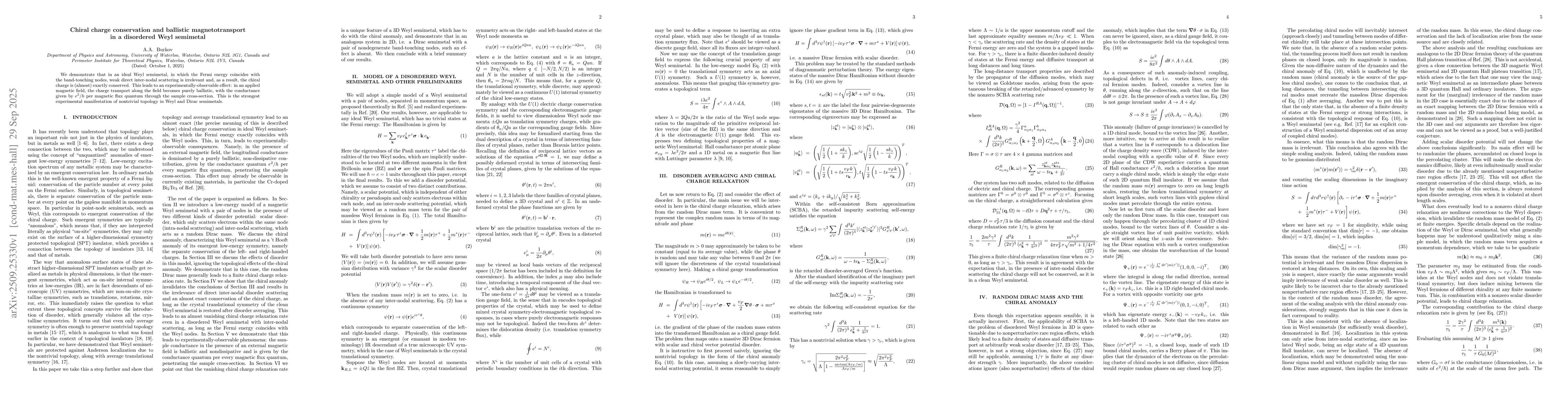 Thumbnail for Chiral charge conservation and ballistic magnetotransport in a
  disordered Weyl semimetal