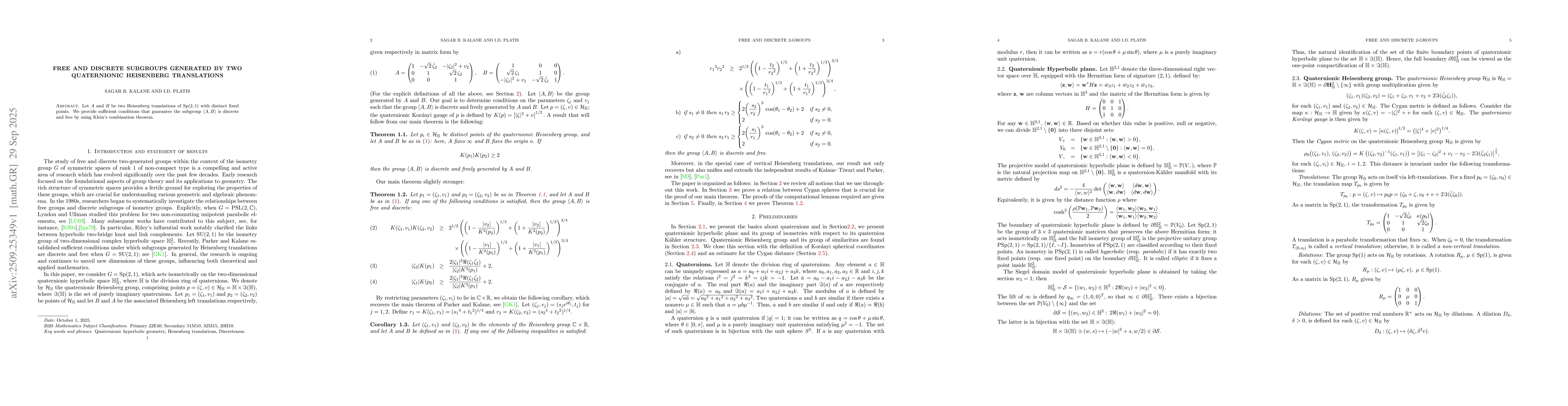 Thumbnail for Free and discrete subgroups generated by two quaternionic Heisenberg
  translations