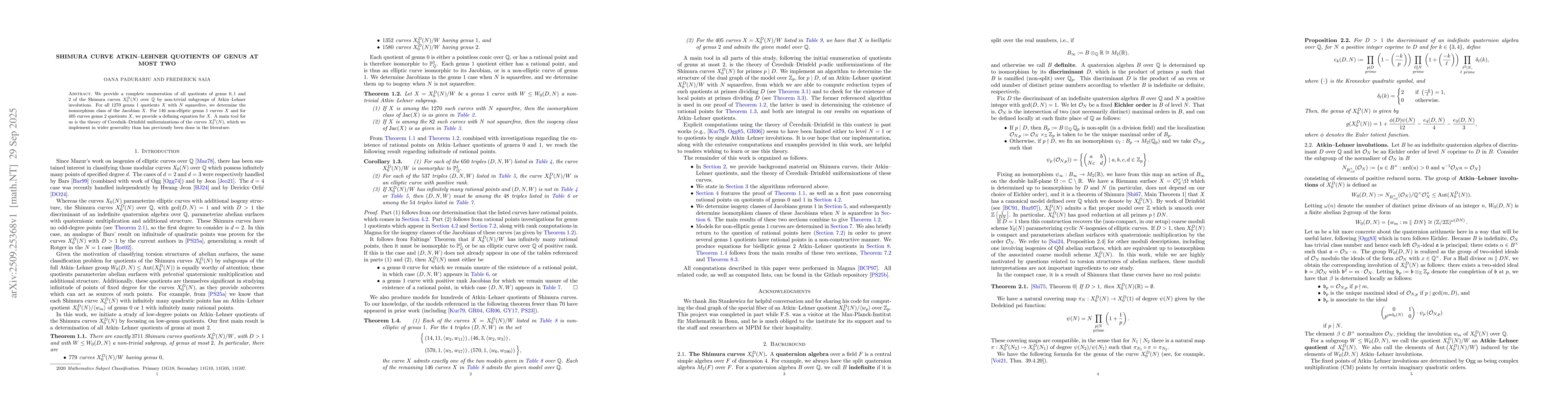 Thumbnail for Shimura curve Atkin--Lehner quotients of genus at most two