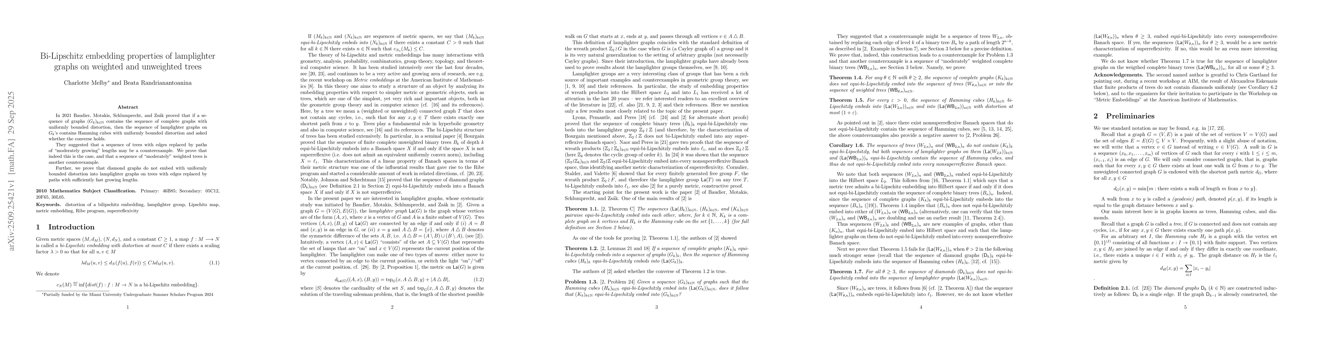 Thumbnail for Bi-Lipschitz embedding properties of lamplighter graphs on weighted and
  unweighted trees