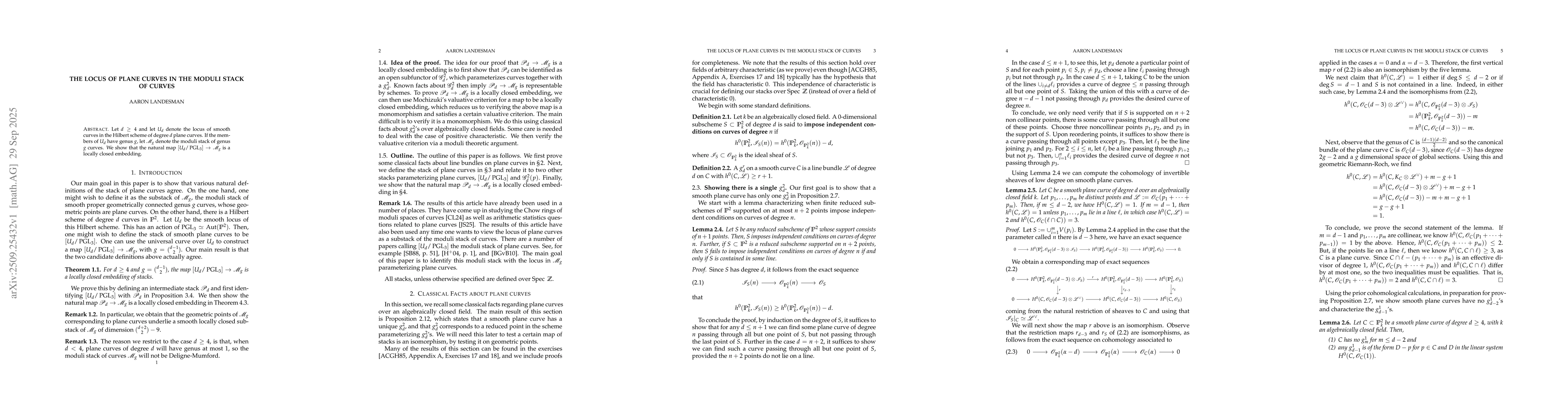 Thumbnail for The locus of plane curves in the moduli stack of curves