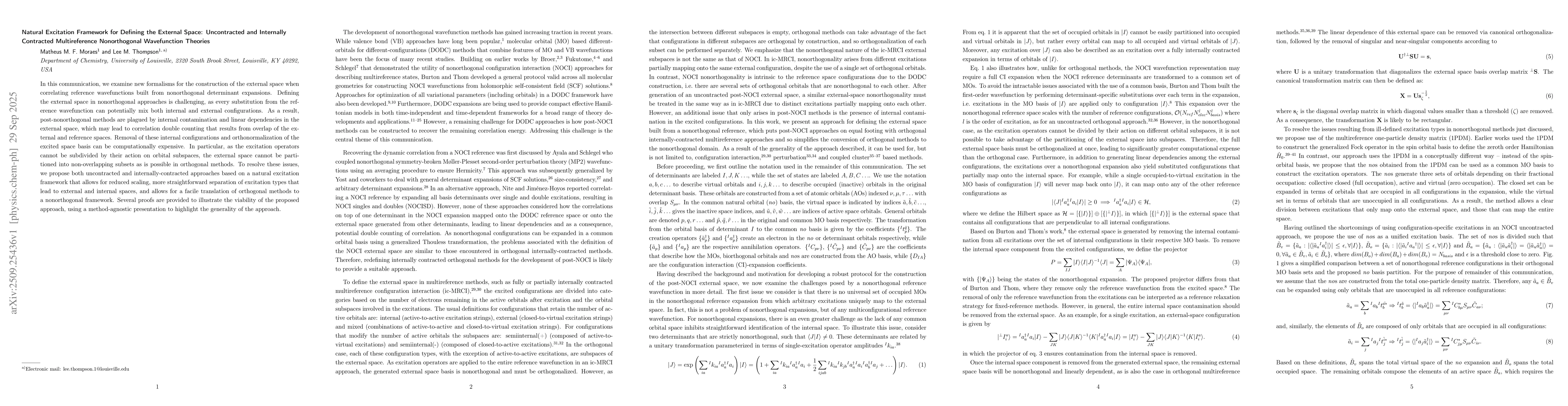 Thumbnail for Natural Excitation Framework for Defining the External Space:
  Uncontracted and Internally Contracted Multireference Nonorthogonal
  Wavefunction Theories