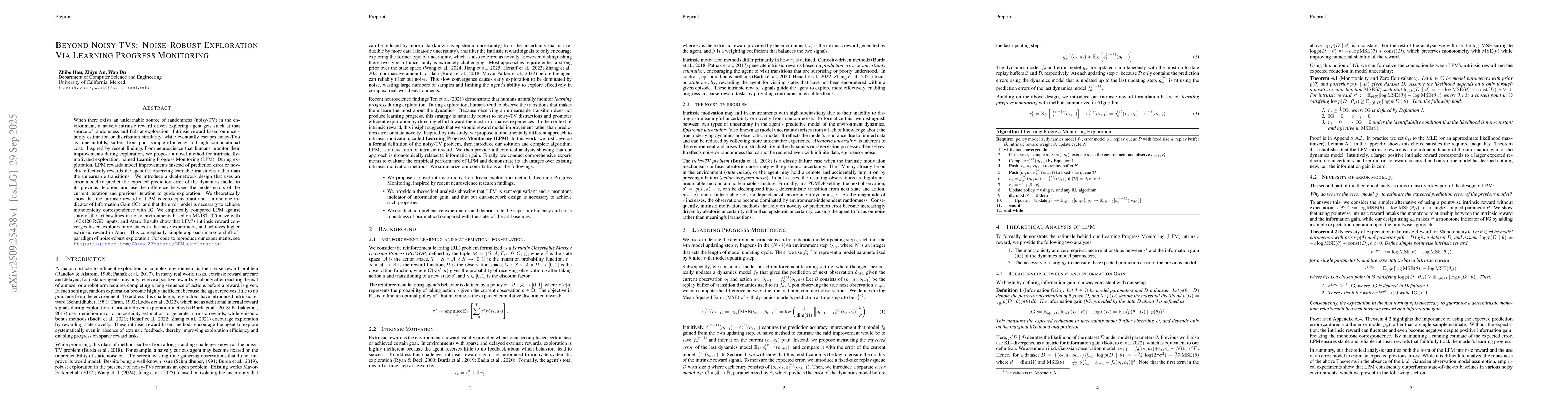 Thumbnail for Beyond Noisy-TVs: Noise-Robust Exploration Via Learning Progress
  Monitoring