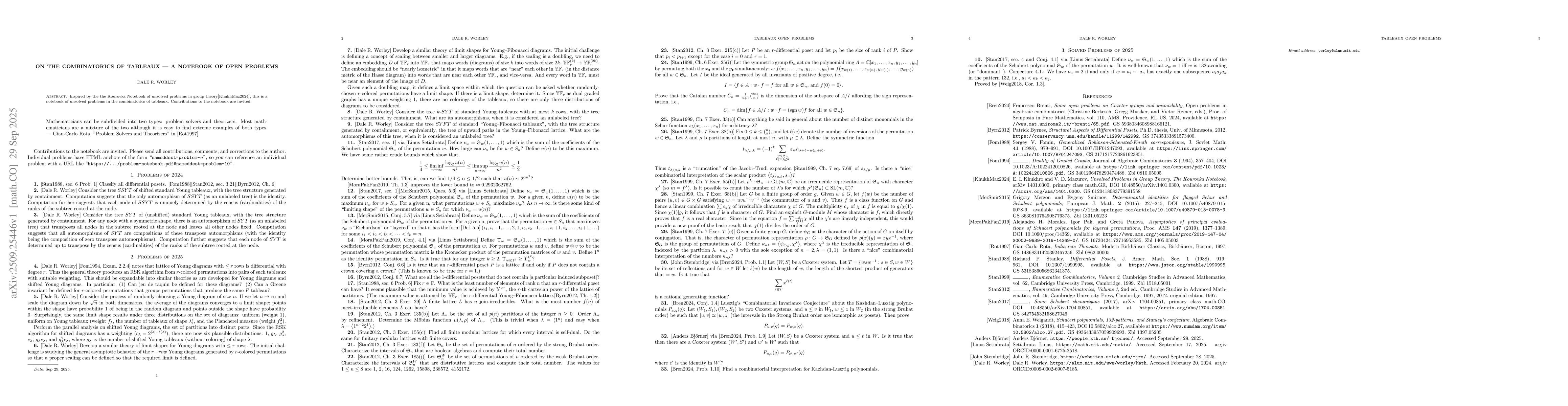 Thumbnail for On the combinatorics of tableaux -- A notebook of open problems
