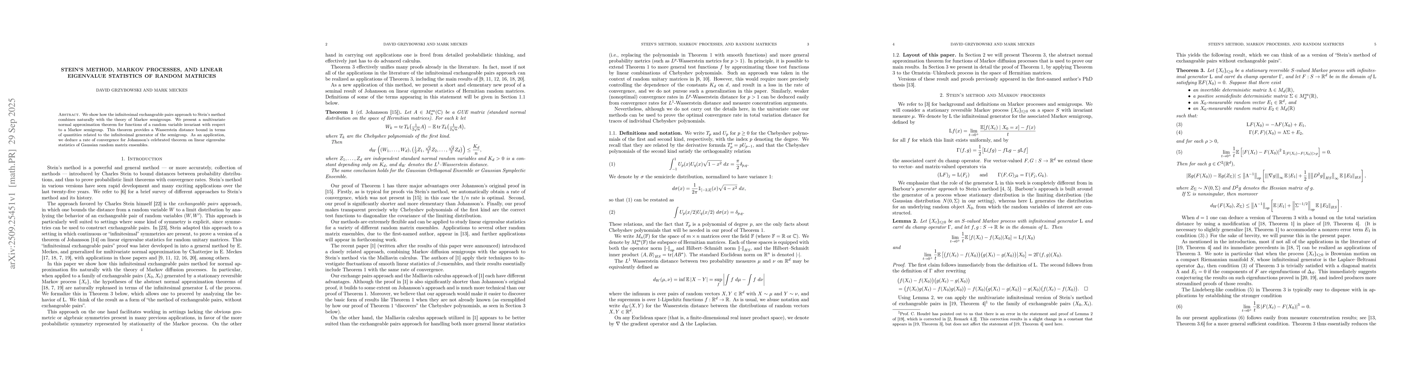 Thumbnail for Stein's method, Markov processes, and linear eigenvalue statistics of
  random matrices