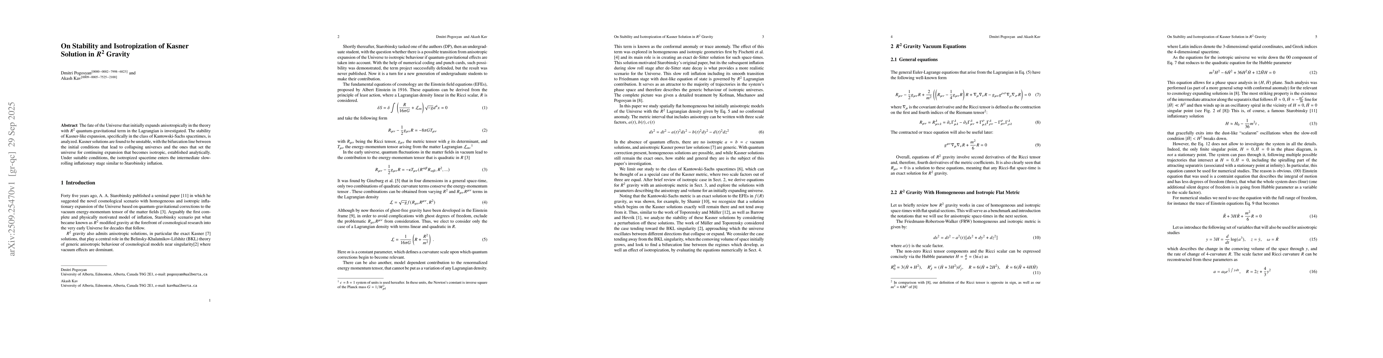 Thumbnail for On Stability and Isotropization of Kasner Solution in $R^{2}$ Gravity