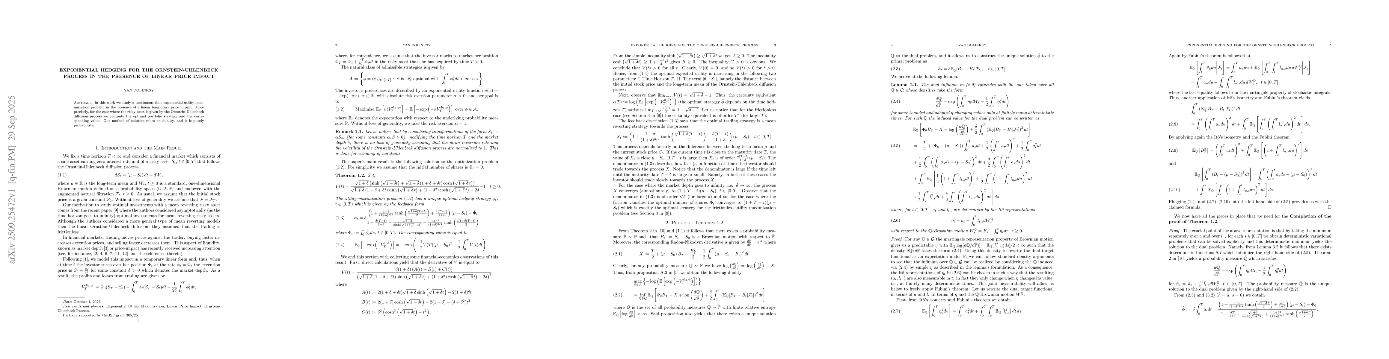 Thumbnail for Exponential Hedging for the Ornstein-Uhlenbeck Process in the Presence
  of Linear Price Impact