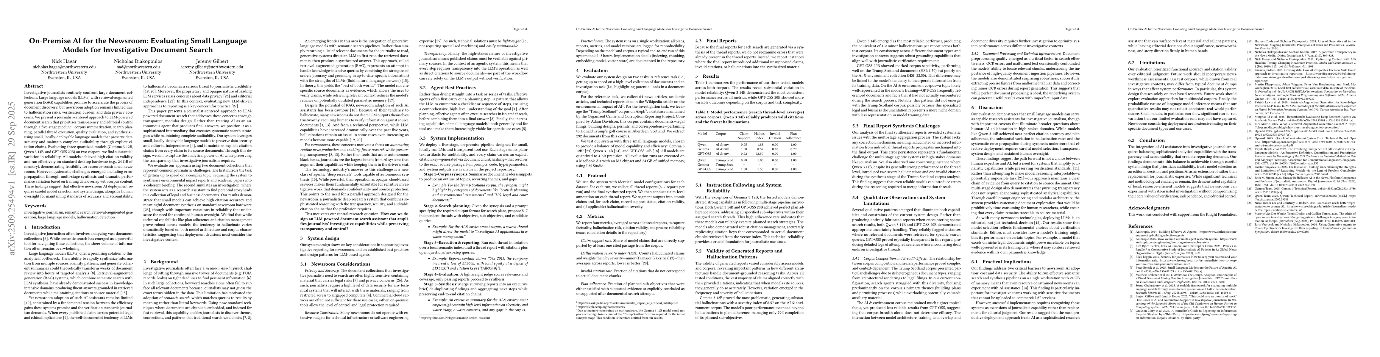 Thumbnail for On-Premise AI for the Newsroom: Evaluating Small Language Models for
  Investigative Document Search