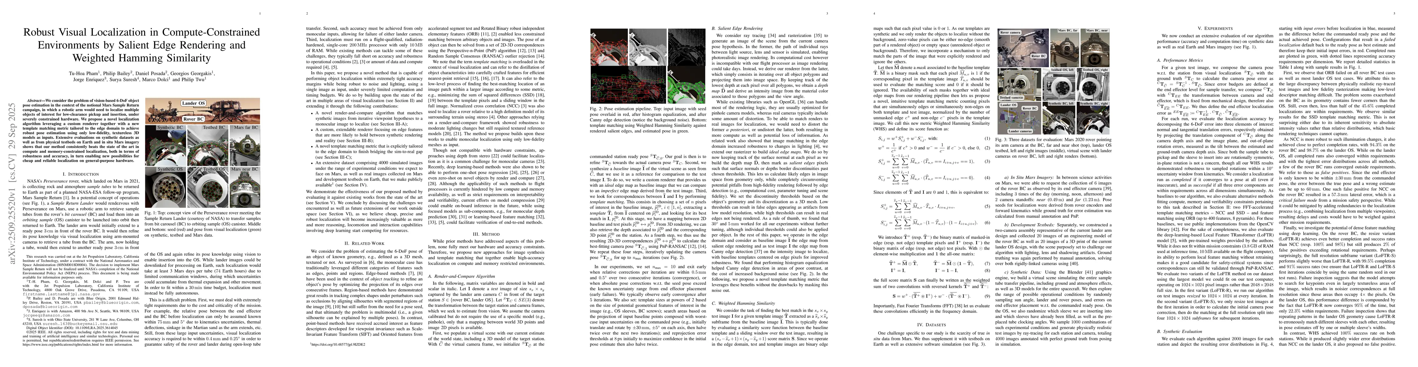 Thumbnail for Robust Visual Localization in Compute-Constrained Environments by
  Salient Edge Rendering and Weighted Hamming Similarity