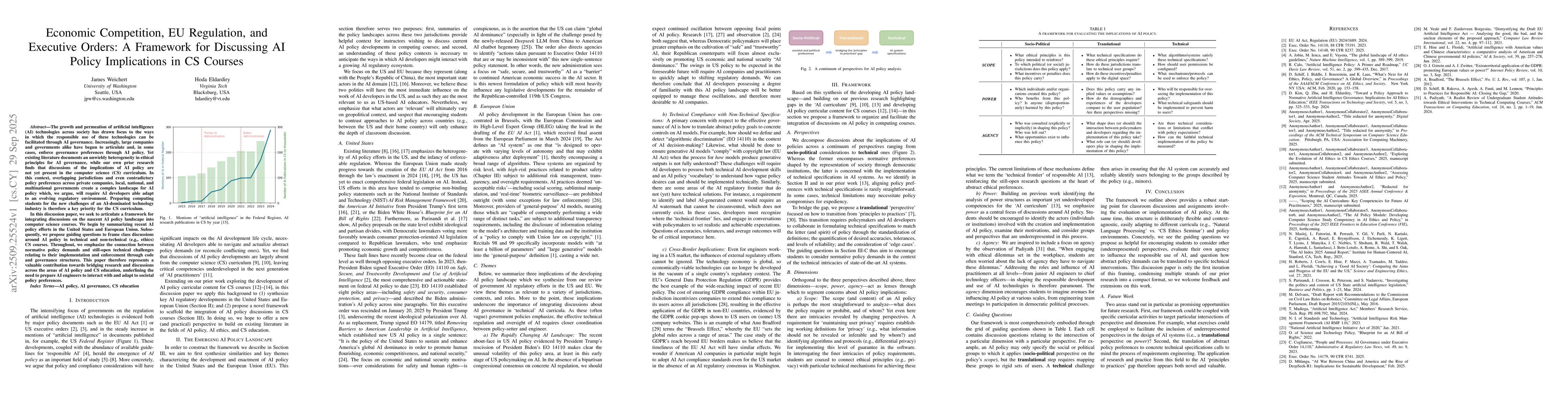 Thumbnail for Economic Competition, EU Regulation, and Executive Orders: A Framework
  for Discussing AI Policy Implications in CS Courses