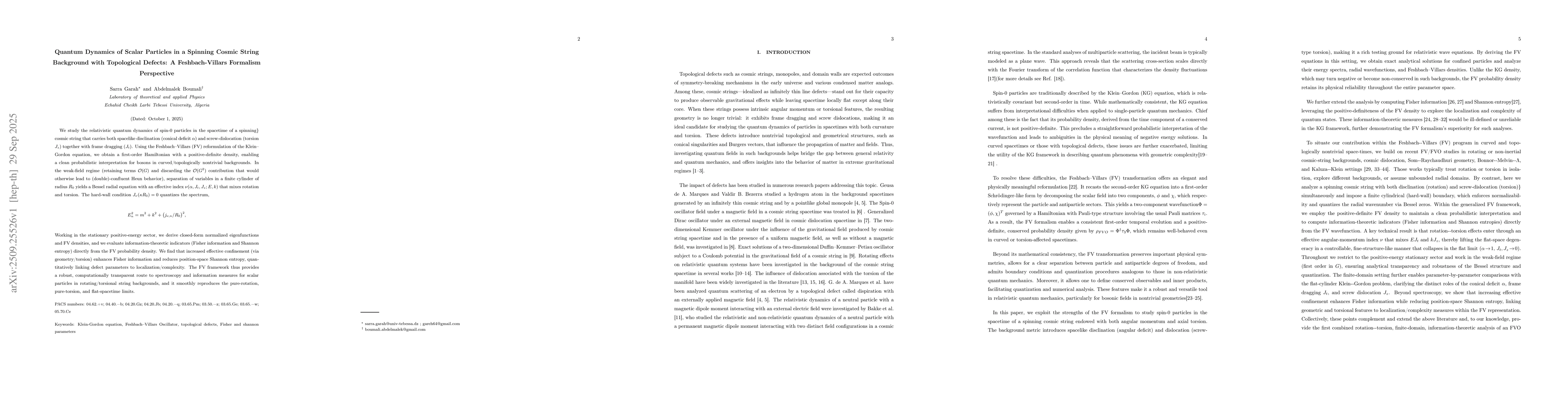 Thumbnail for Quantum Dynamics of Scalar Particles in a Spinning Cosmic String
  Background with Topological Defects: A Feshbach-Villars Formalism Perspective