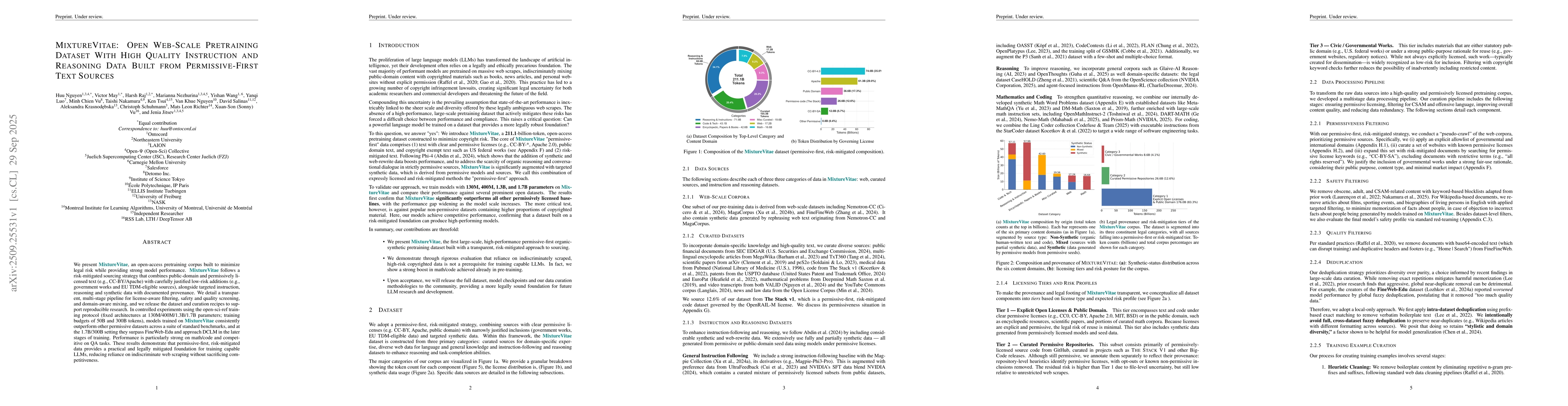 Thumbnail for MixtureVitae: Open Web-Scale Pretraining Dataset With High Quality
  Instruction and Reasoning Data Built from Permissive-First Text Sources