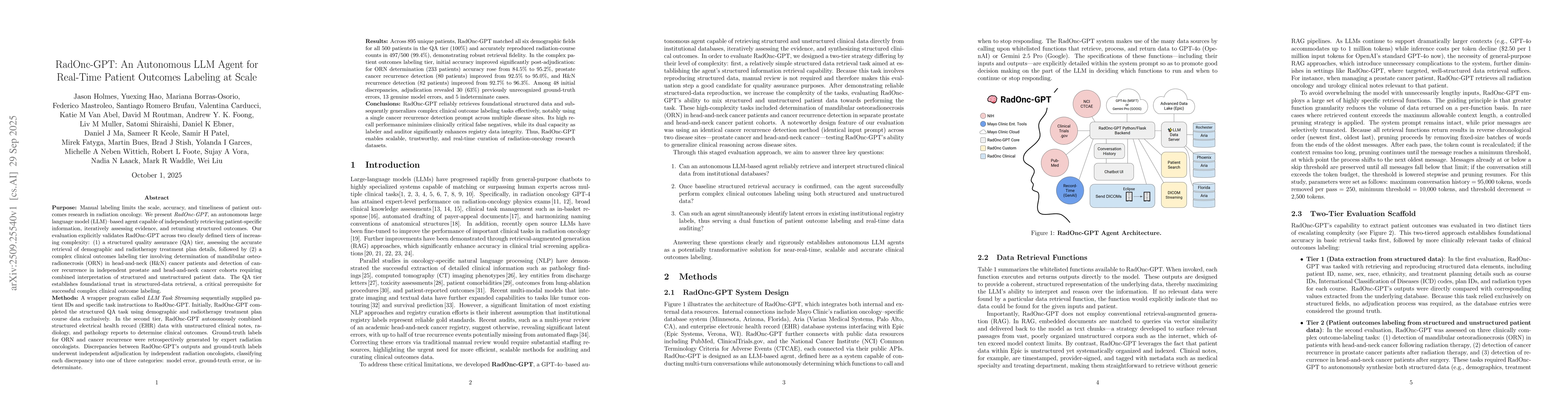 Thumbnail for RadOnc-GPT: An Autonomous LLM Agent for Real-Time Patient Outcomes
  Labeling at Scale