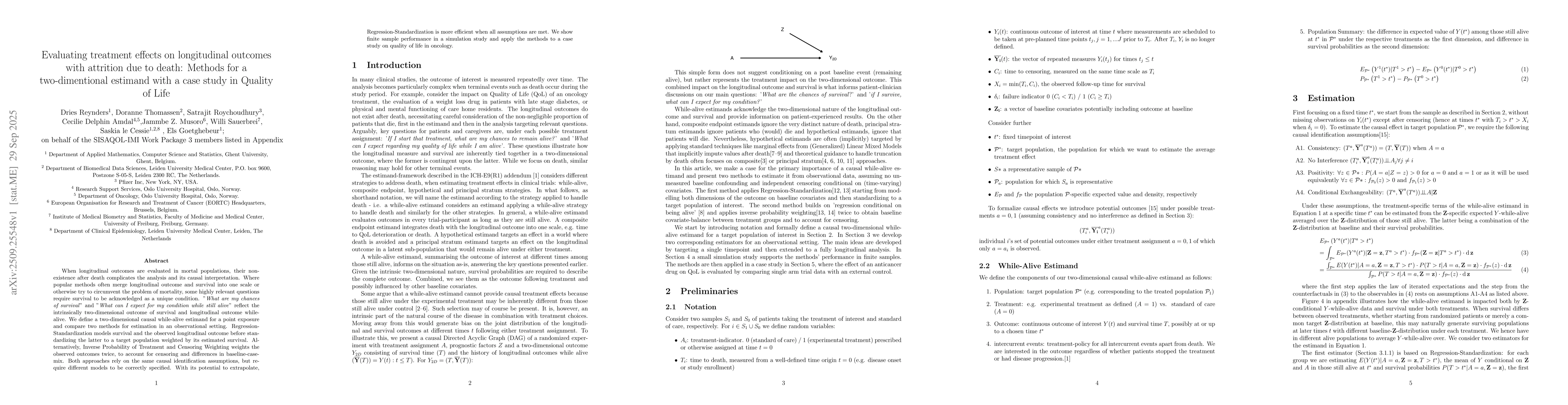 Thumbnail for Evaluating treatment effects on longitudinal outcomes with attrition due
  to death: Methods for a two-dimentional estimand with a case study in Quality
  of Life