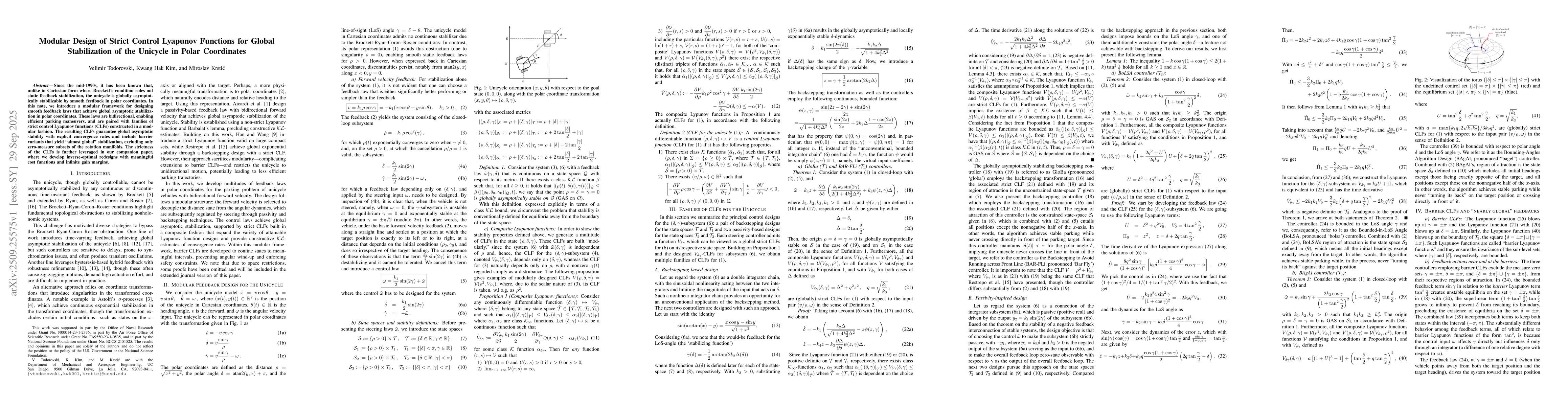 Thumbnail for Modular Design of Strict Control Lyapunov Functions for Global
  Stabilization of the Unicycle in Polar Coordinates